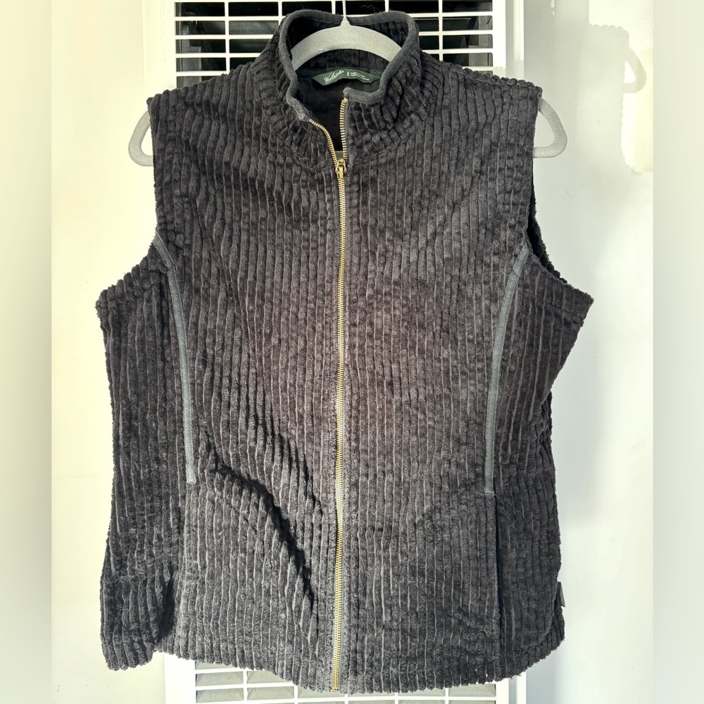 WOOLRICH Women Medium PL Black Cotton Corduroy Ribbed Full Zip Up Vest